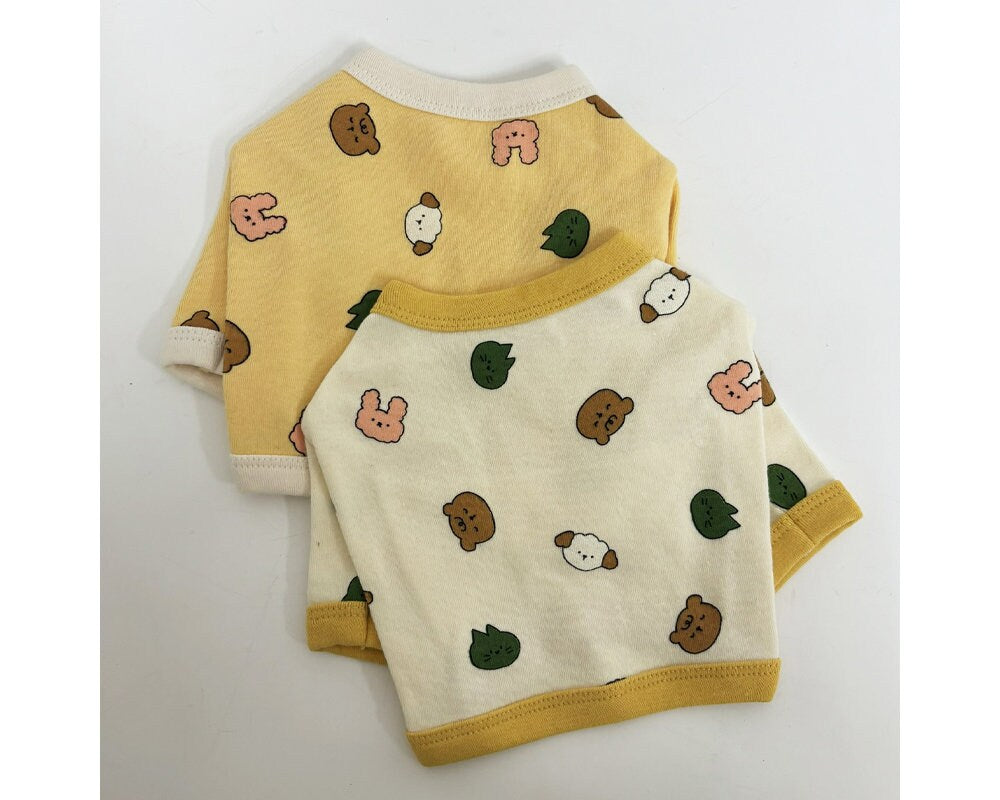 NKpup Zoo Crop Top pet shirts in yellow and cream with cute animal patterns