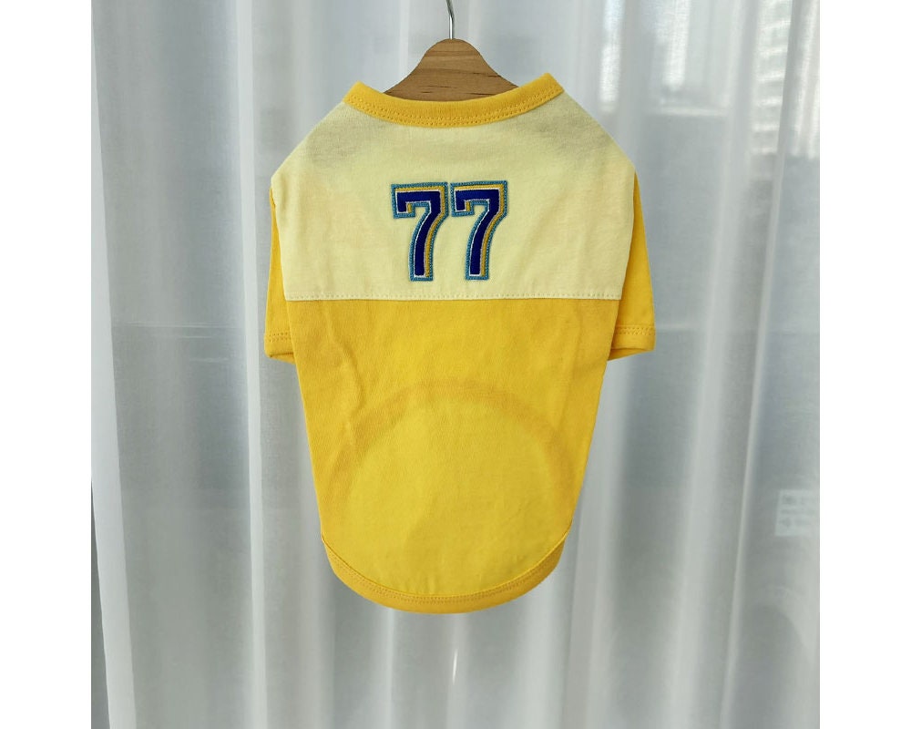 NKpup yellow color-block dog shirt with blue number 77 on the back