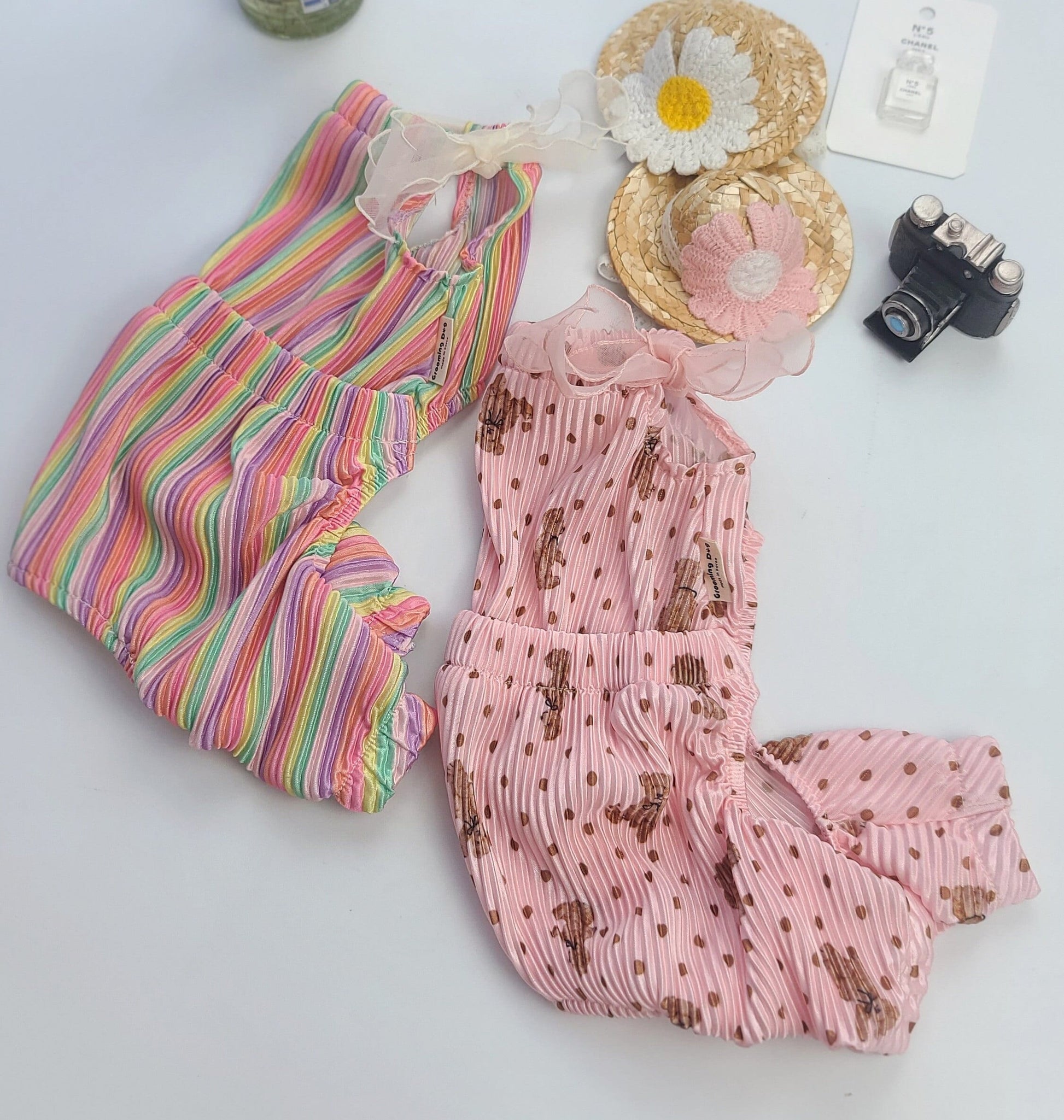 Pleated Ribbon Halterneck Overall, S-XL, Dog Jumpsuit, Small Dog Clothes, Dog Summer Dress, Dog Apparel, Pet Clothing