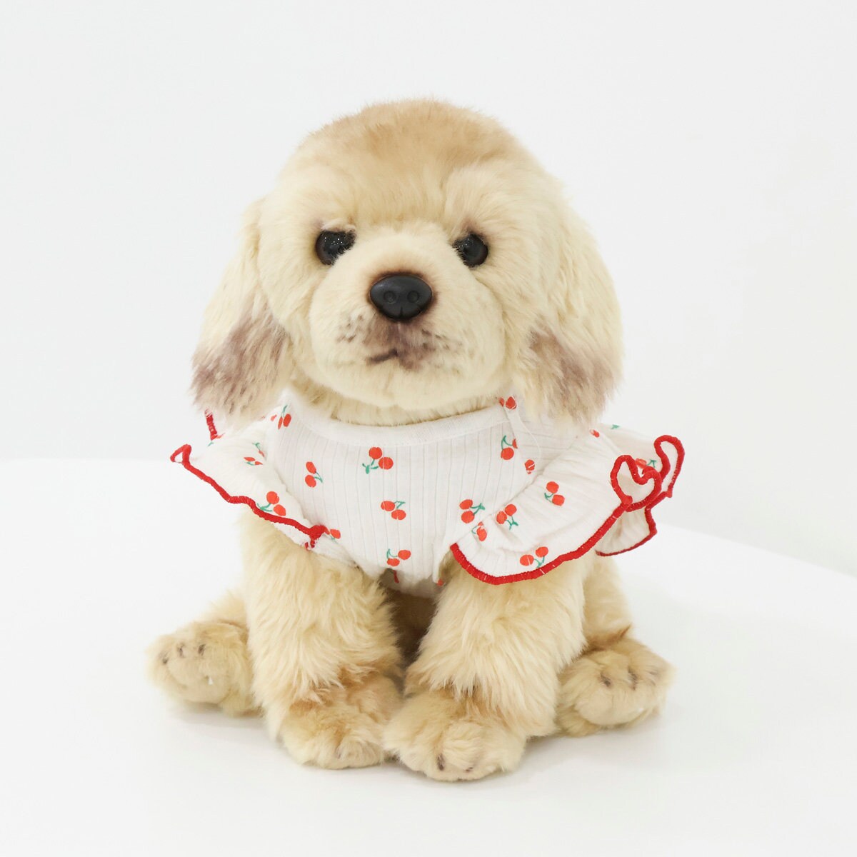 NKpup white ribbed dog shirt with a red cherry pattern and ruffled hem