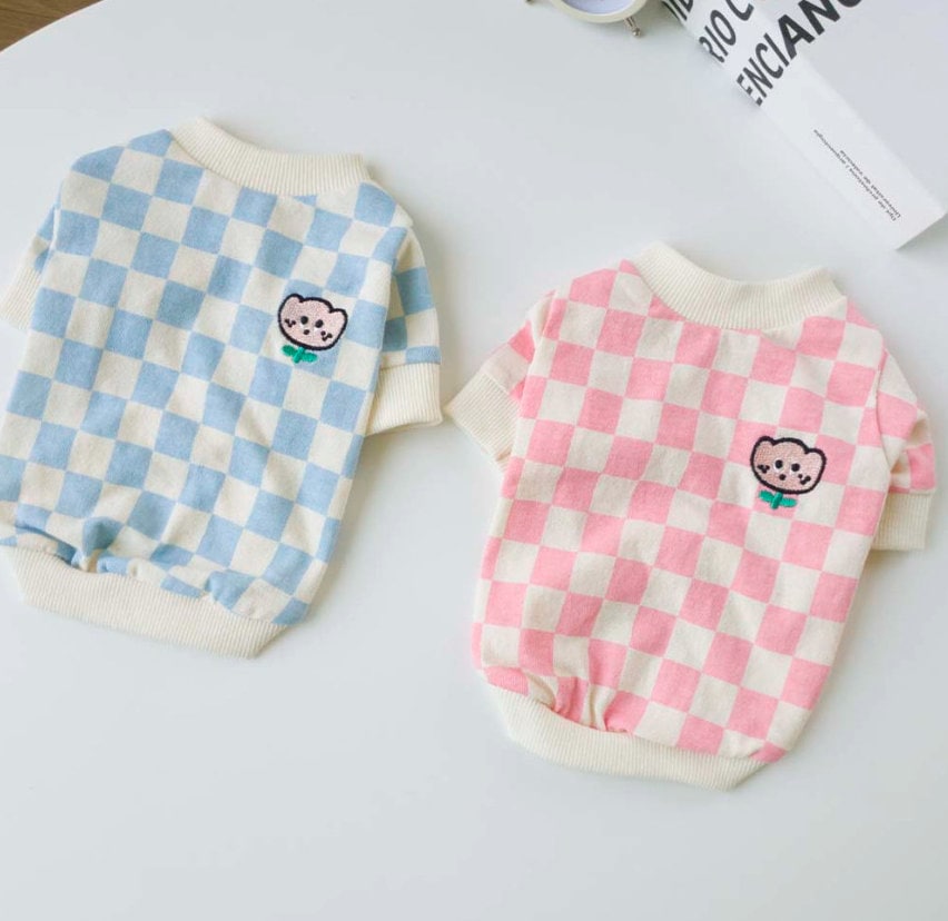 Blue and pink checkerboard tulip dog shirts with cute bear embroidery by NKpup