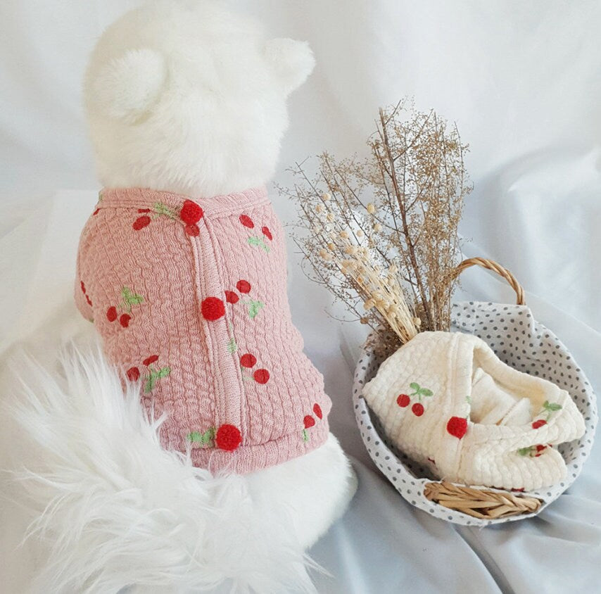 NKpup Cherry Cardigan-Style Dog Shirt in pink with red cherry patterns