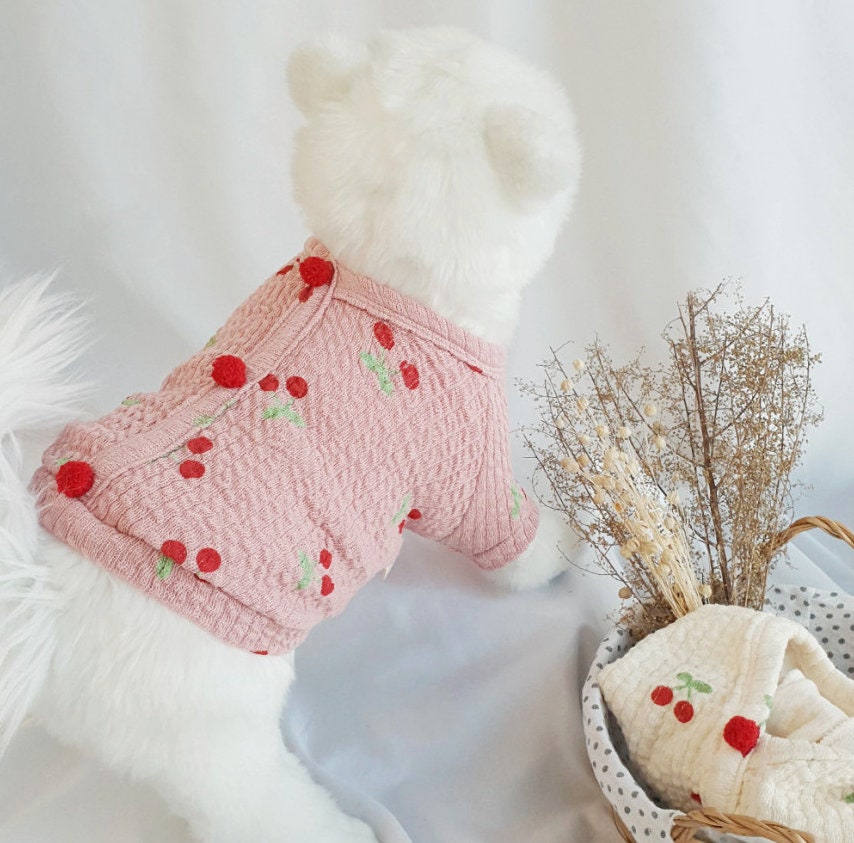 NKpup Cherry Cardigan-Style Dog Shirt in pink with red cherry patterns