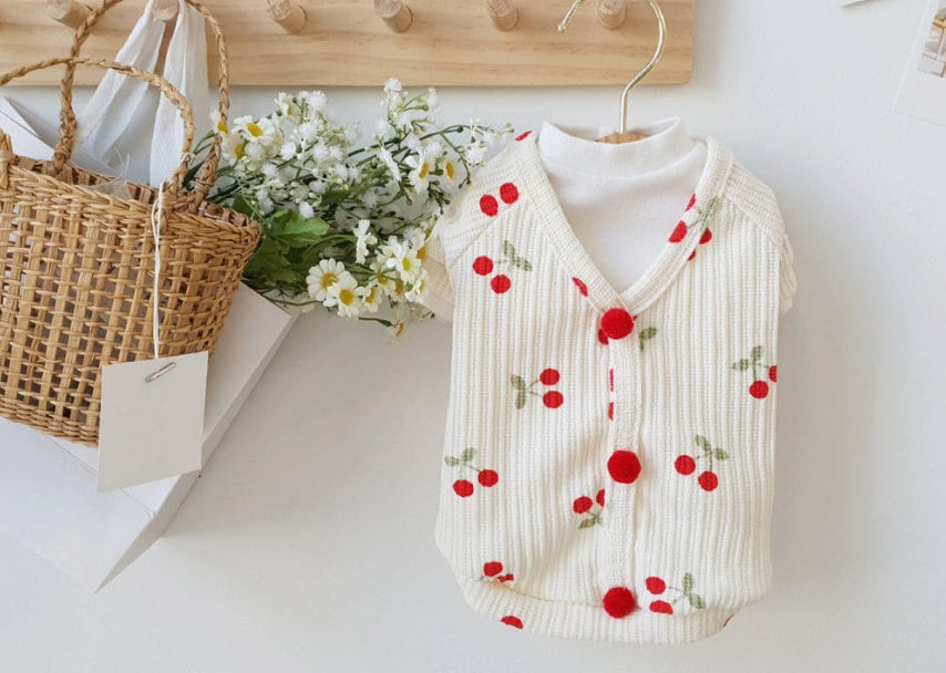 NKpup Cherry Cardigan-Style Dog Shirt in white with red cherry patterns