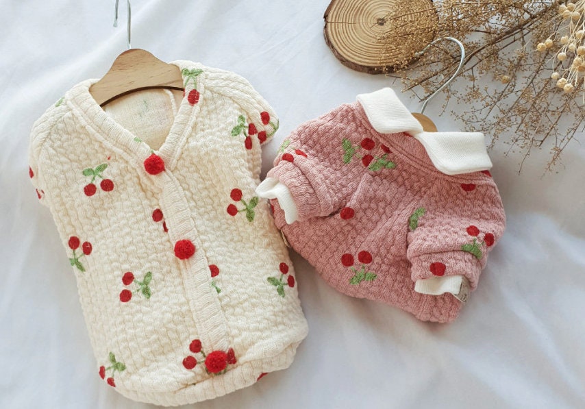 NKpup Cherry Cardigan-Style Dog Shirts in cream and pink with cherry patterns