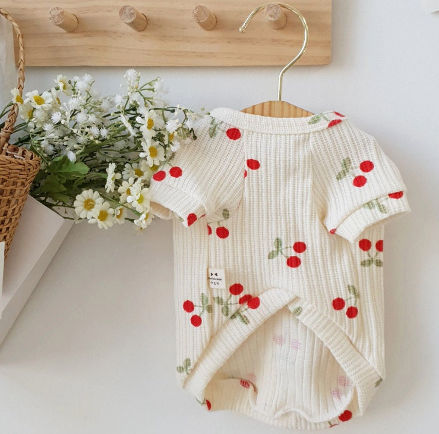 NKpup Cherry Cardigan-Style Dog Shirt with red cherry pattern on white waffle knit fabric
