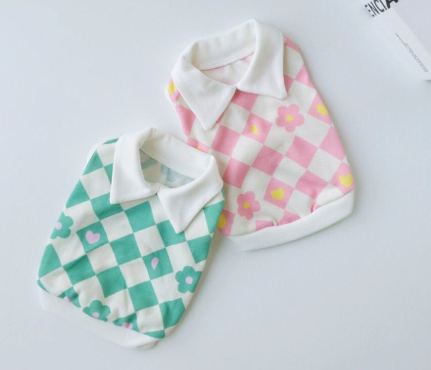 NKpup Checkerboard Flower Dog Shirts in pink and mint green with white collars