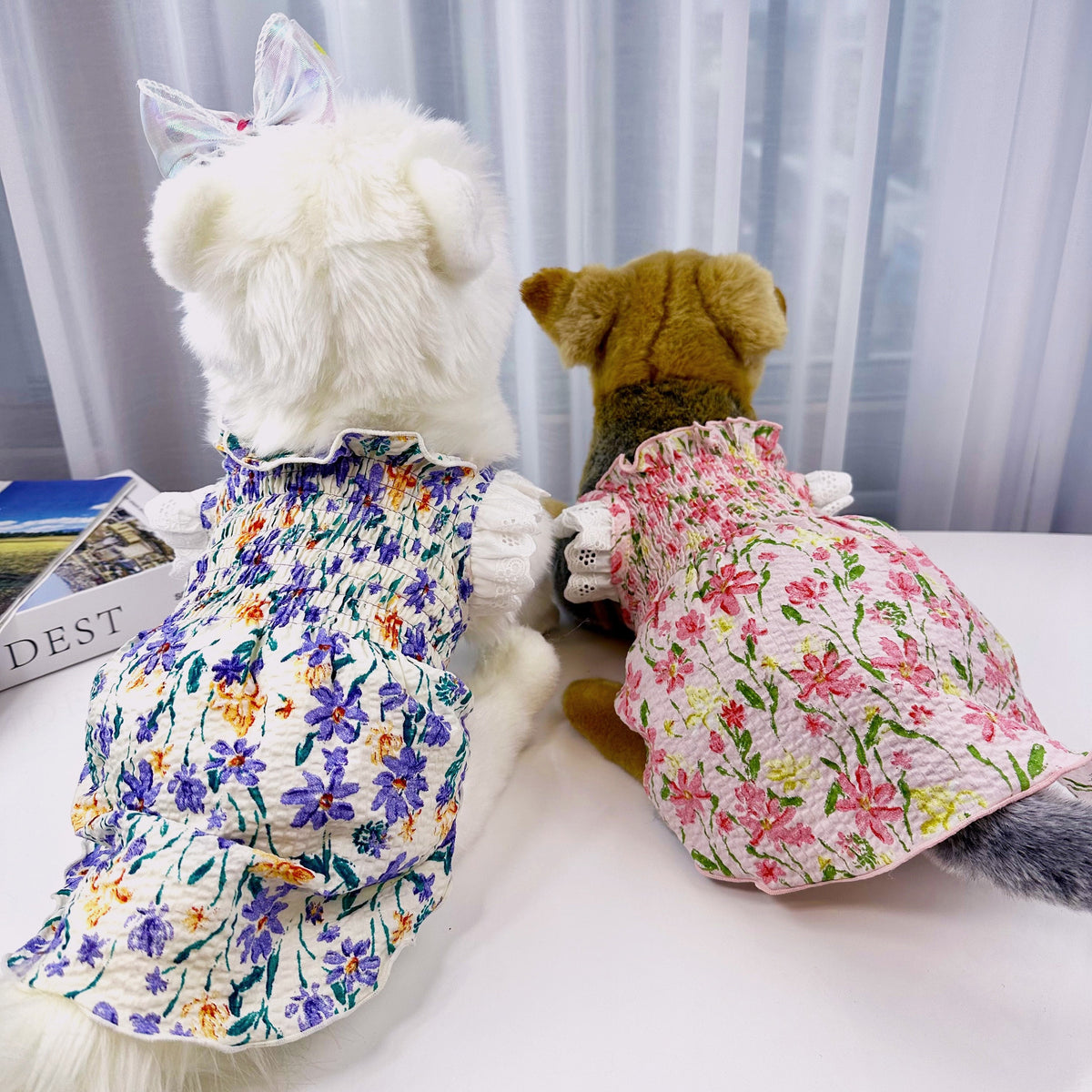 NKpup floral smocked dog dresses in blue and pink patterns
