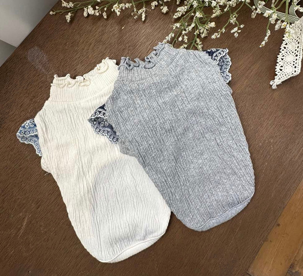 NKpup Lace Sleeve Ruffle Tops for dogs in white and grey ribbed knit