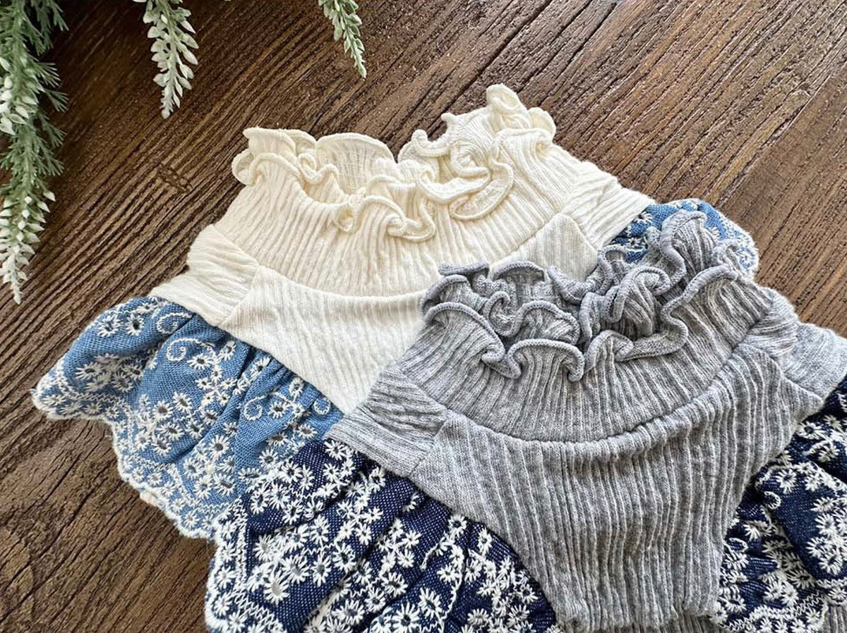 NKpup Lace Sleeve Ruffle Tops in cream and grey with blue floral patterns