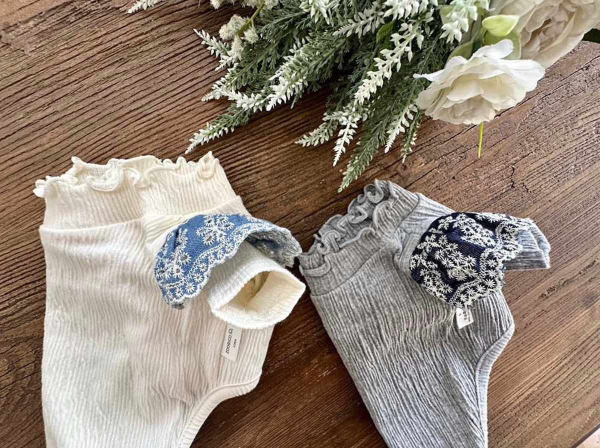 NKpup Lace Sleeve Ruffle Tops for dogs in cream and grey with blue floral lace accents