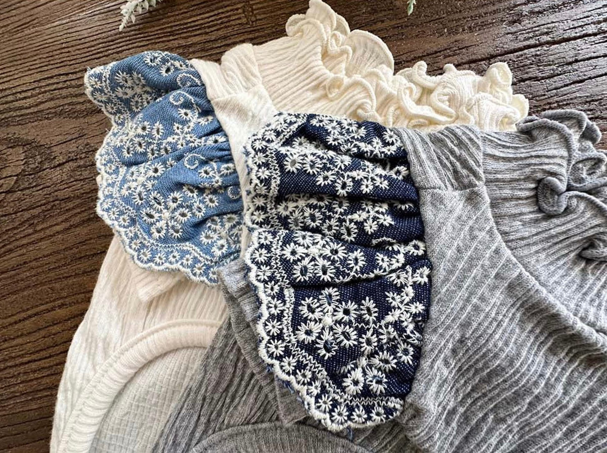 NKpup Lace Sleeve Ruffle Tops for dogs in white, blue, and grey with floral lace detailing