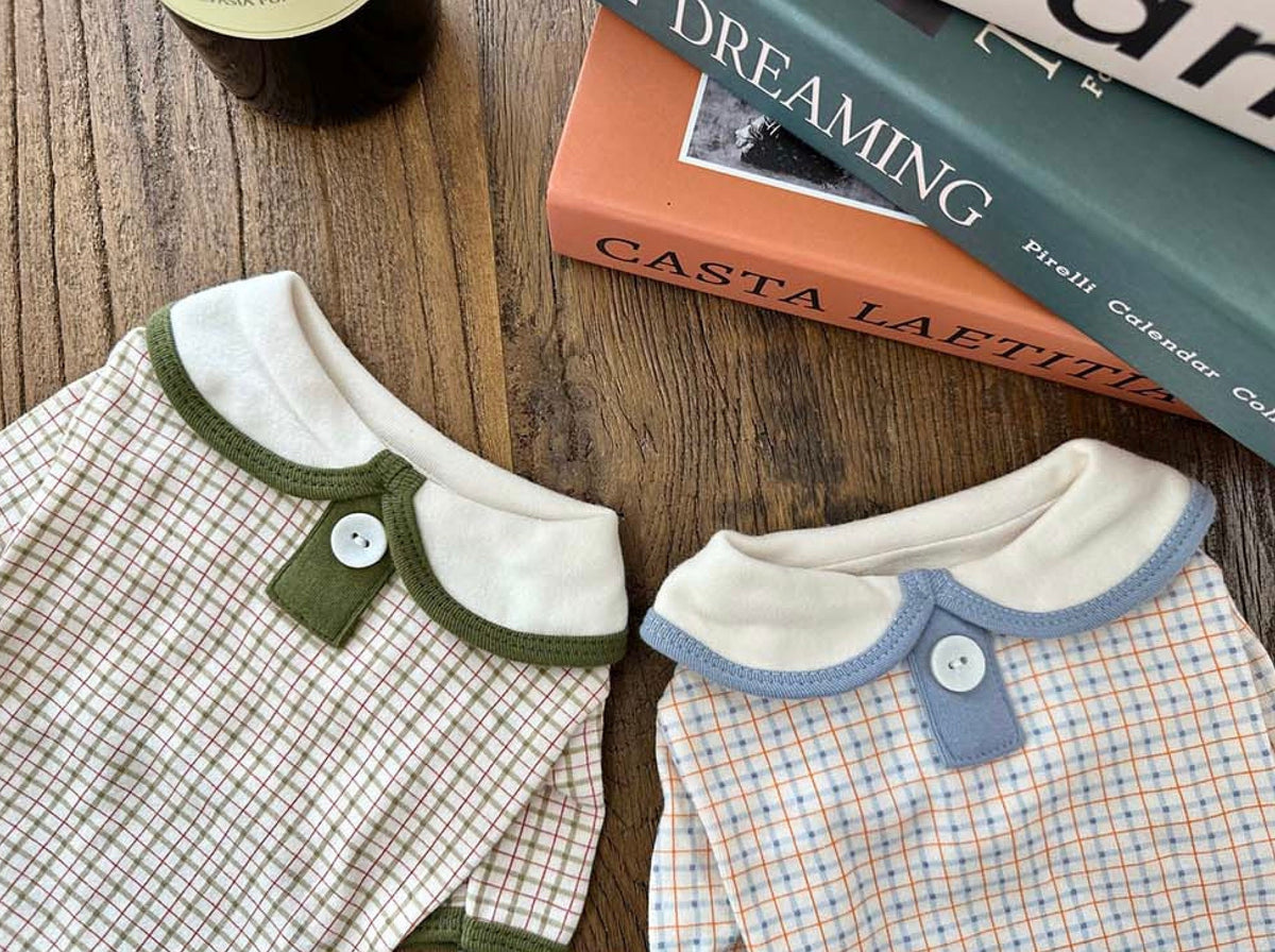 NKpup plaid collar shirts for dogs in green and blue checkered patterns.