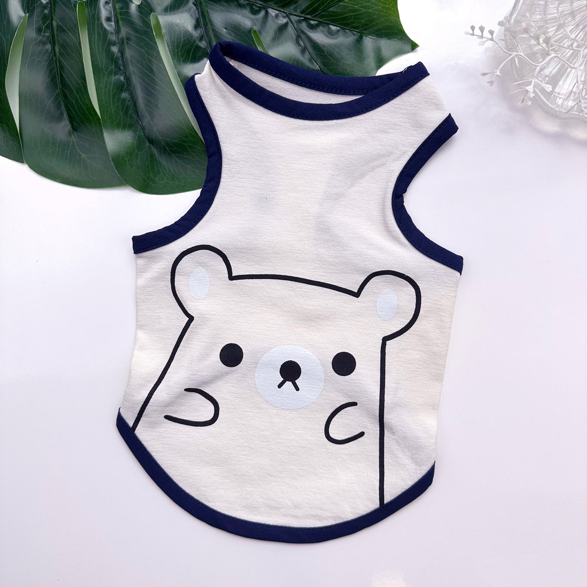 NKpup Cutie Bear dog tank top in white with navy trim and a cute bear face design