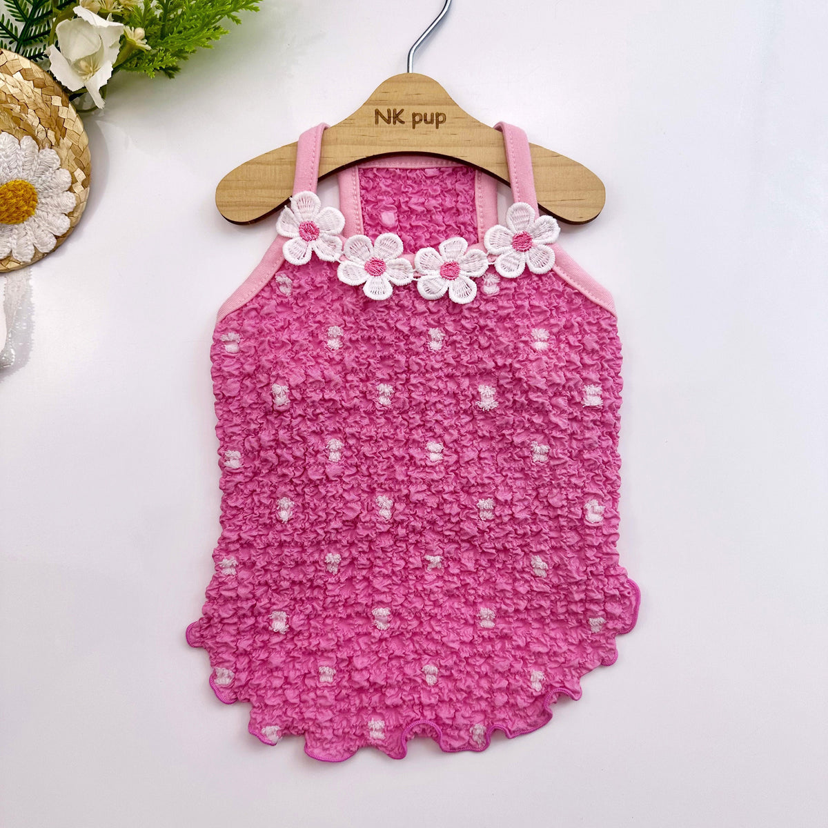 Pink Daisy Ruffle Dog Dress with white flower embellishments by NKpup