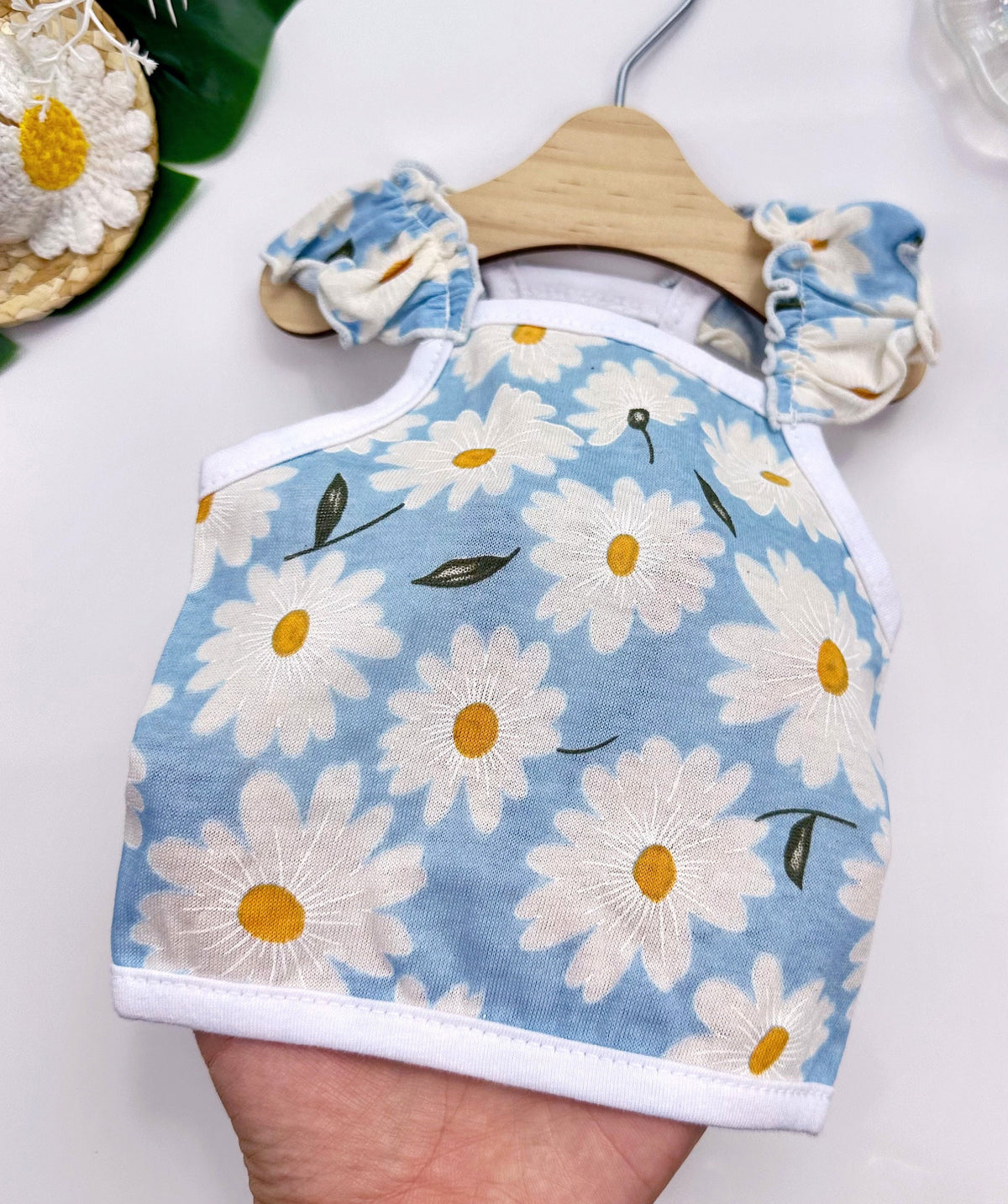 NKpup Daisy Ruffle Crop Top dog shirt in light blue with white daisy pattern