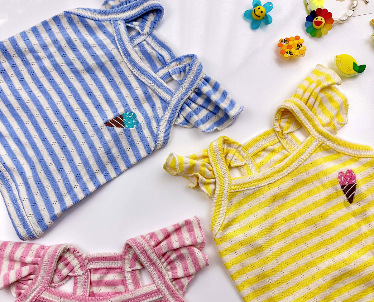 NKpup Ice-Cream Eyelet Top dog shirts in blue, yellow, and pink stripes with ice cream patches.
