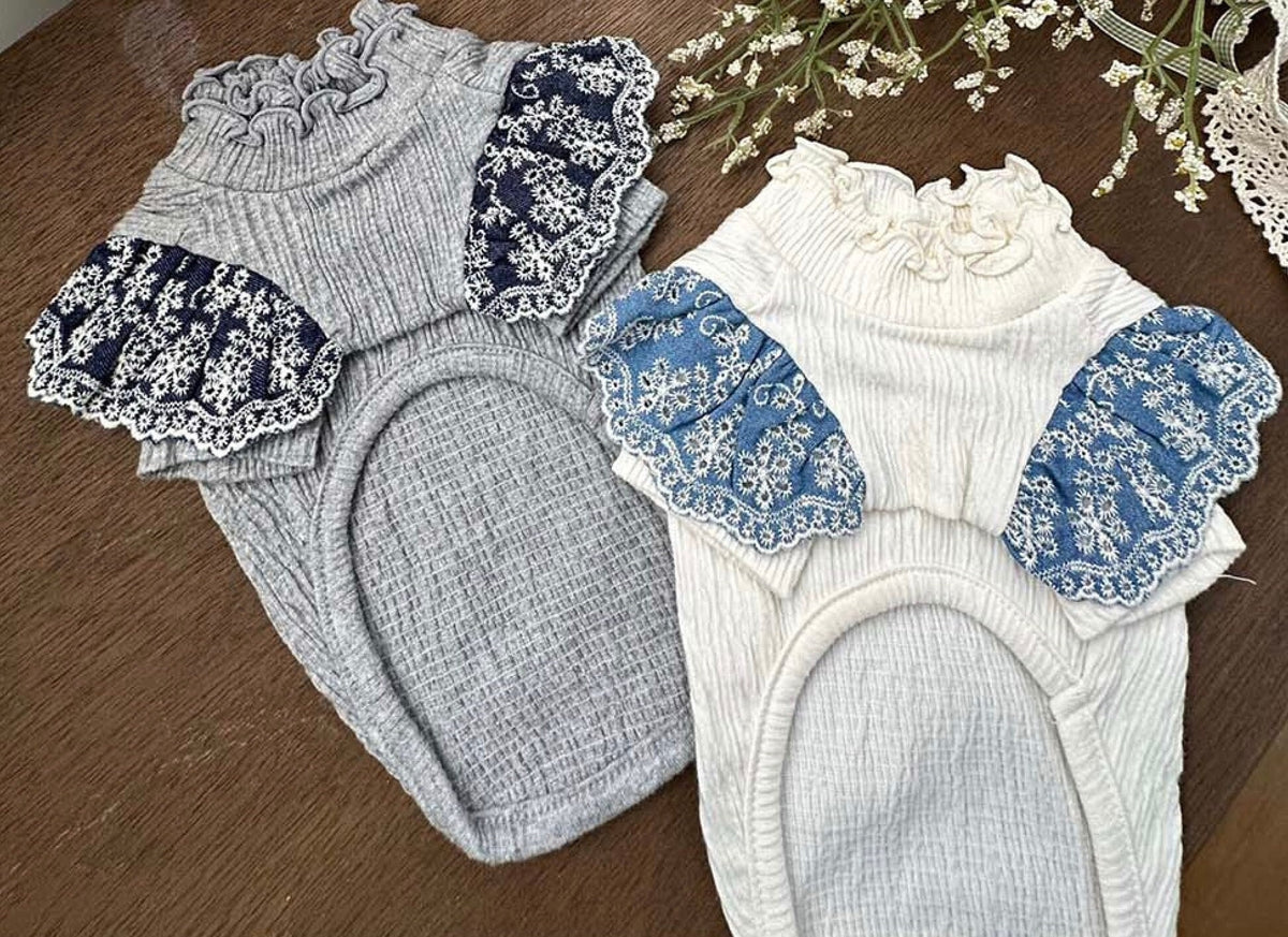 NKpup Lace Sleeve Ruffle Top dog shirts in grey and white with blue lace accents.