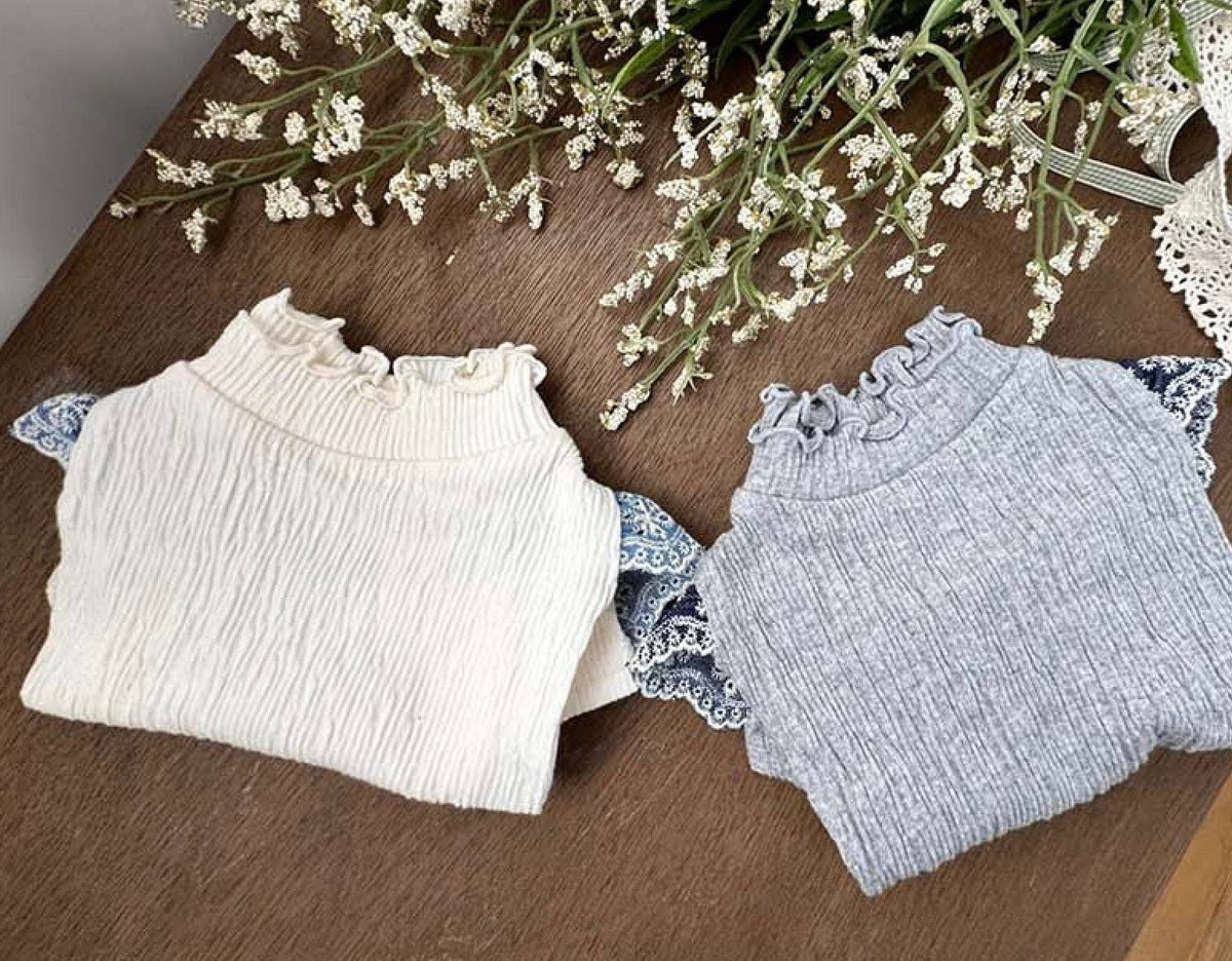 NKpup Lace Sleeve Ruffle Tops for dogs in cream and grey ribbed knit fabric