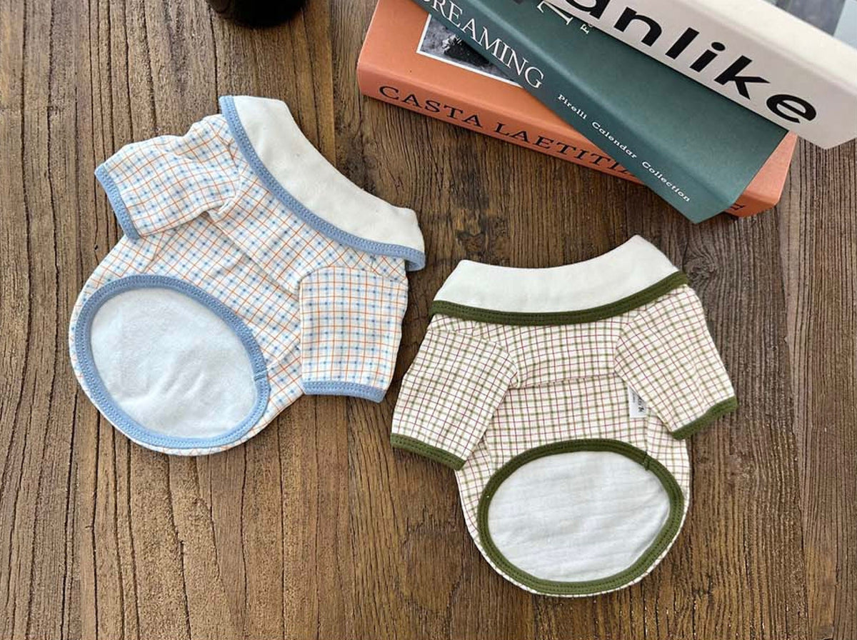 NKpup plaid collar shirts for dogs in blue and green checkered patterns.