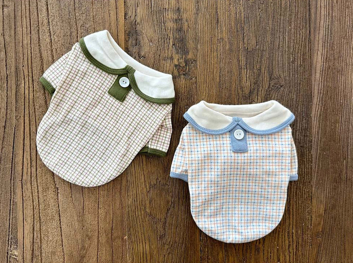 NKpup plaid collar shirts for dogs in green and blue checkered patterns.