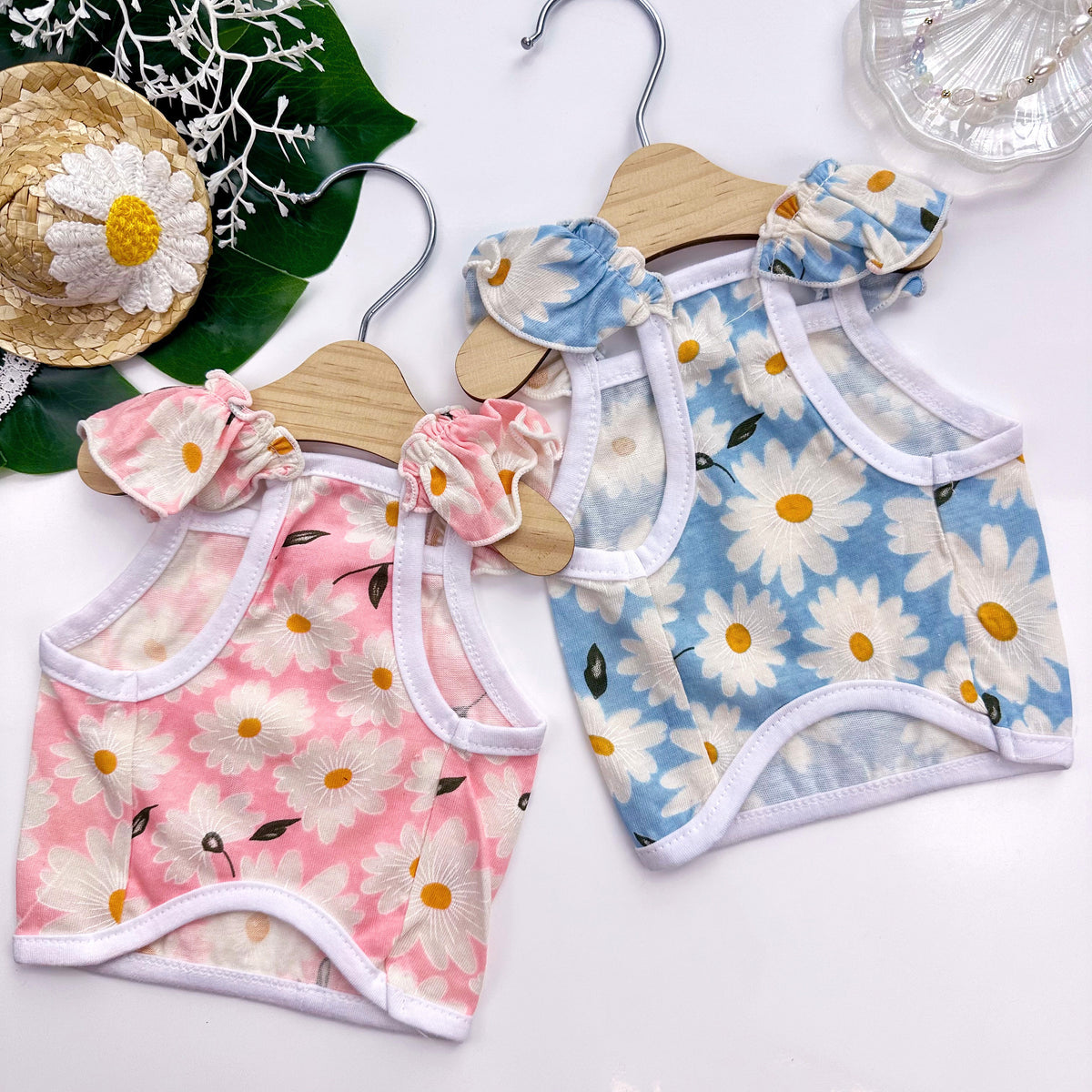 NKpup Daisy Ruffle Crop Top dog shirts in pink and blue floral patterns
