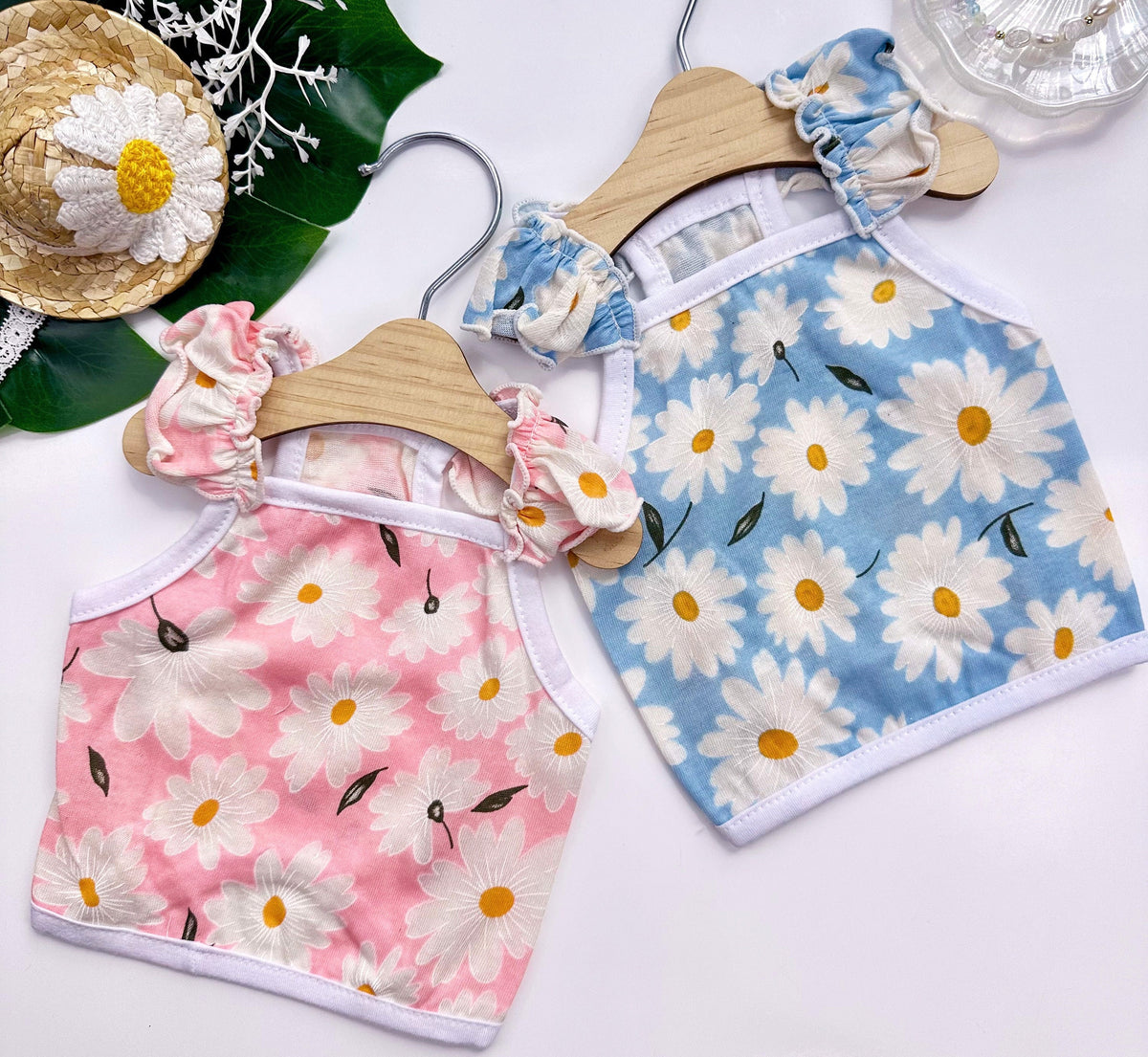 NKpup Daisy Ruffle Crop Top dog shirts in pink and blue with white daisy floral patterns