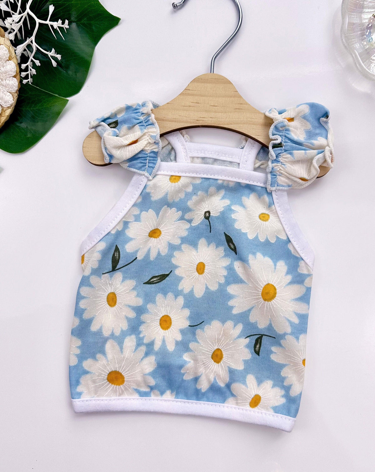NKpup Daisy Ruffle Crop Top dog shirt in light blue with white daisy floral pattern
