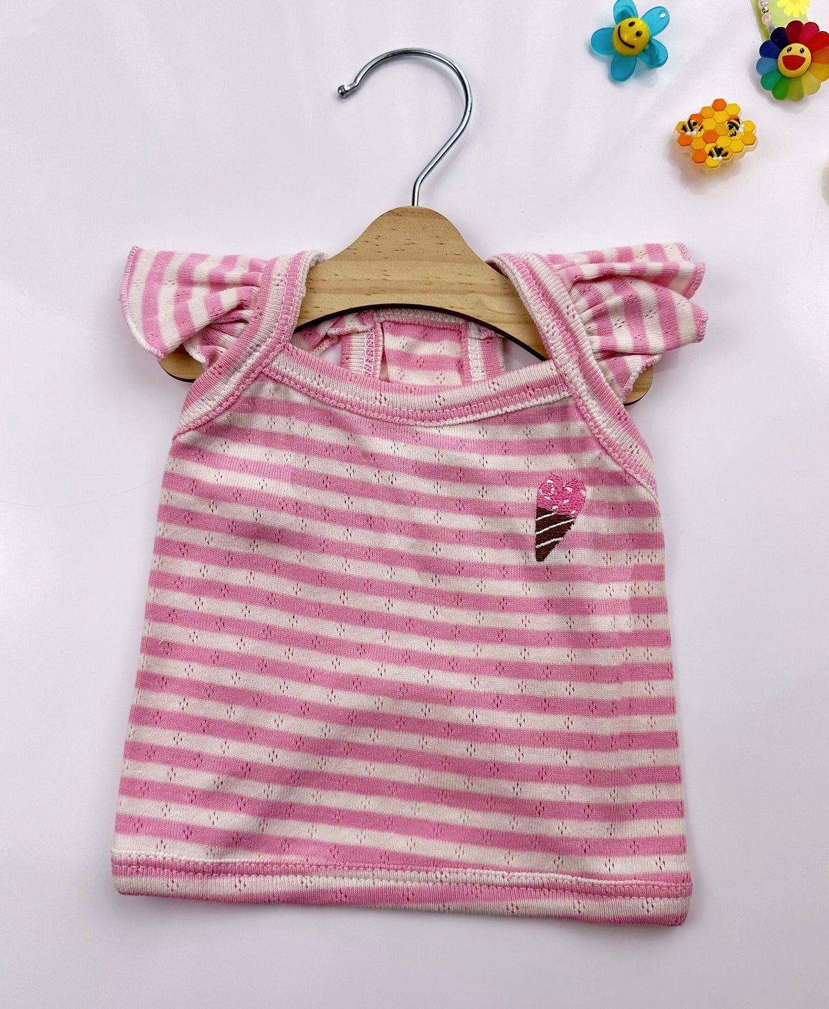 NKpup Ice-Cream Eyelet Top, a pink and white striped sleeveless dog shirt with an ice cream patch.