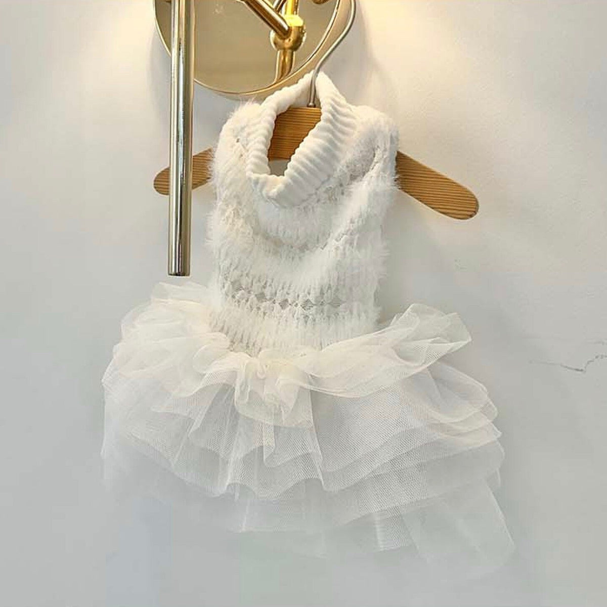 NKpup white tulle turtleneck dog dress with a knit top and layered ruffled skirt