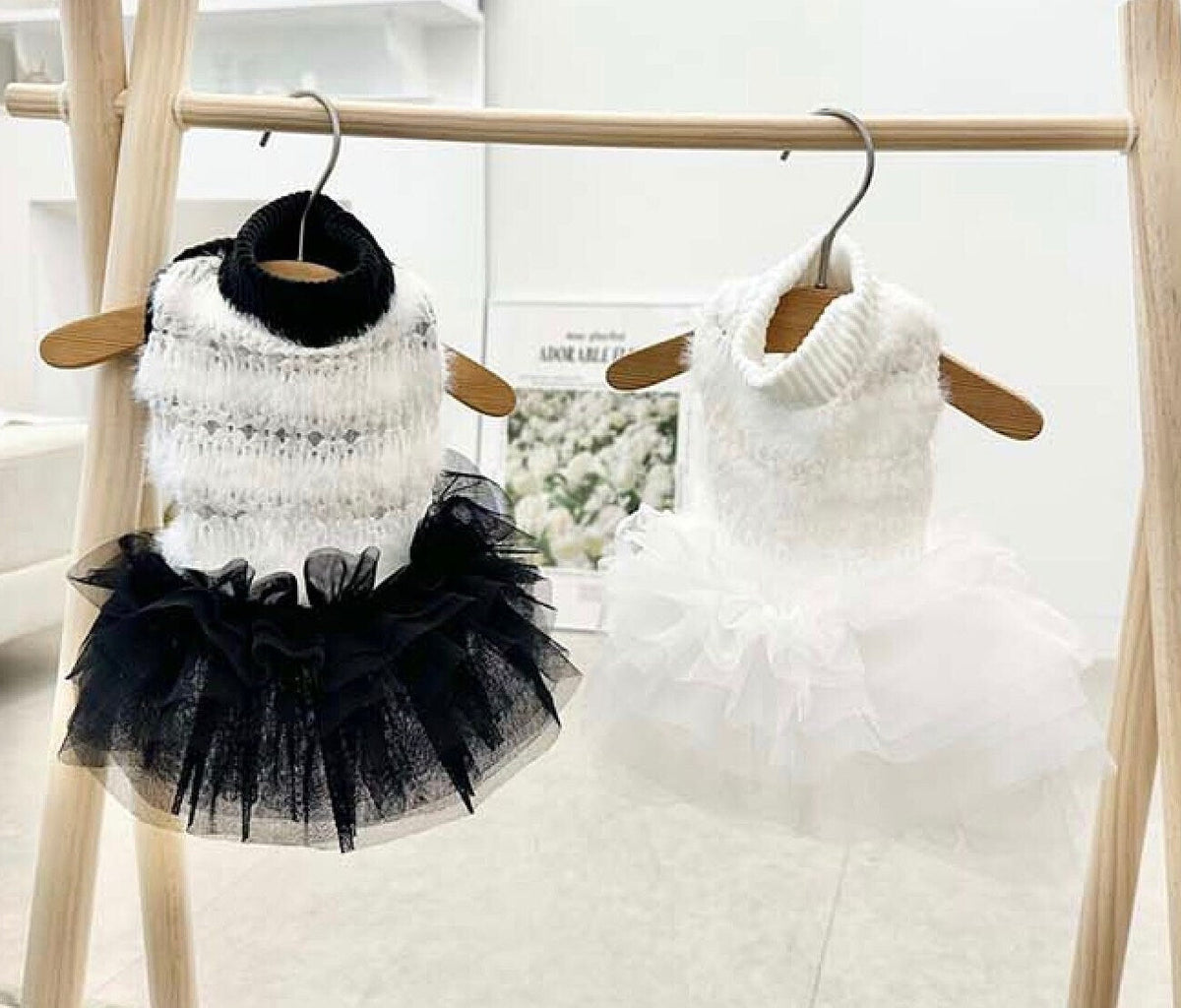 NKpup Tulle Turtleneck Dresses for dogs in black and white knit styles