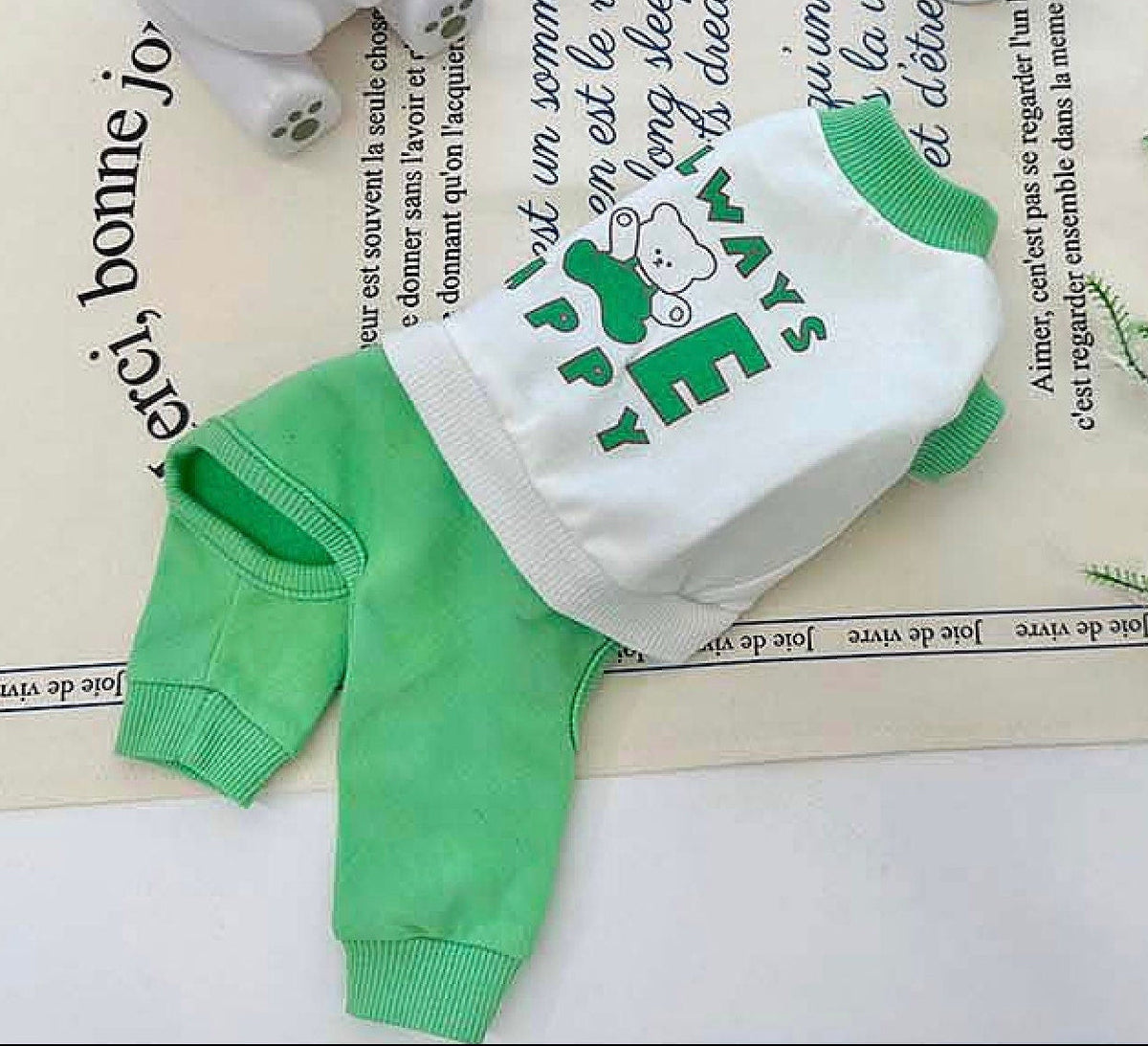 Always Be Happy dog overall in white and green with graphic text and bear design