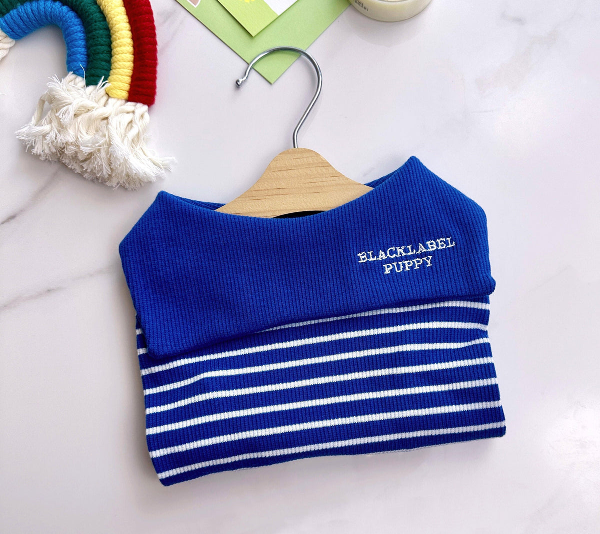 NKpup sailor collar stripe dog shirt in blue and white with 'Black Label Puppy' embroidery.