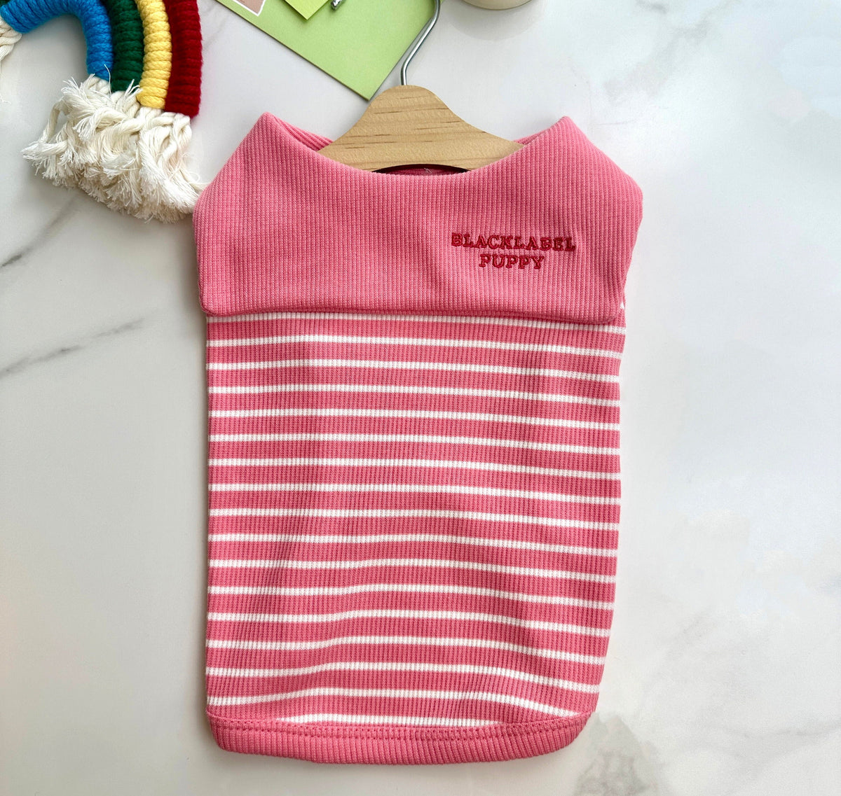 NKpup pink and white striped sailor collar dog shirt with ribbed texture