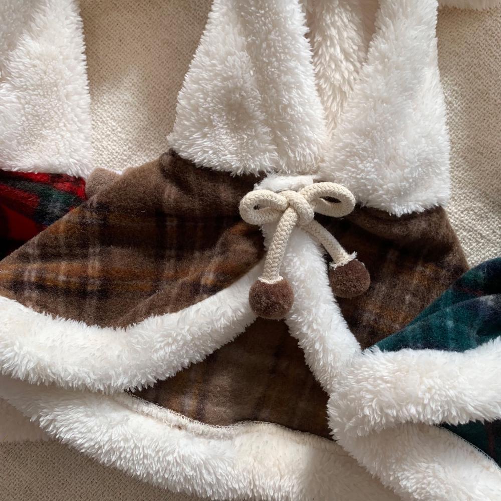 NKpup Christmas plaid dog hoodie cape with white faux fur trim and drawstring detail