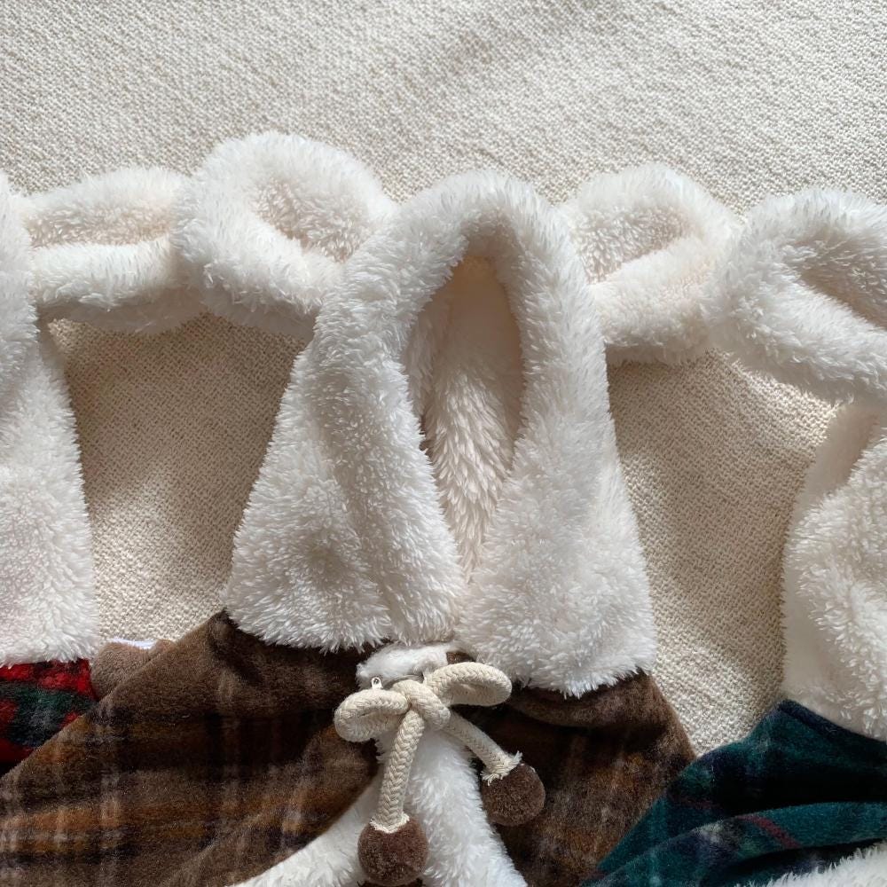 NKpup Christmas plaid dog hoodie cape with white faux fur trim and pompom ties
