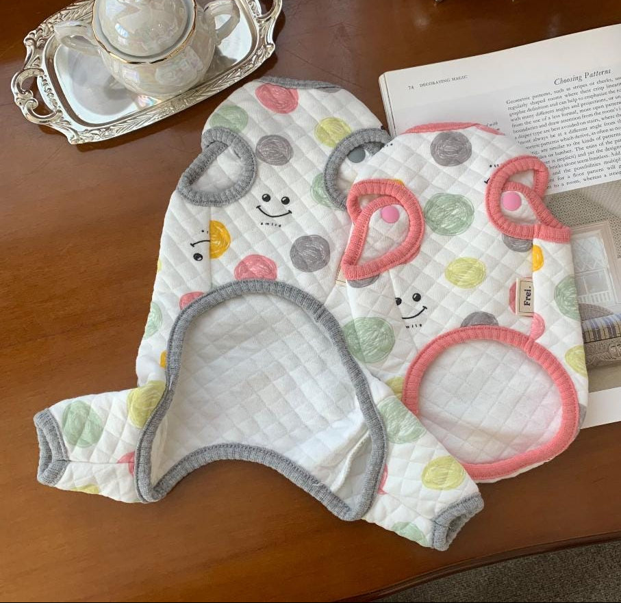 NKpup Smile Quilted Dog Overall and Vest in white with colorful polka dots and smiley faces