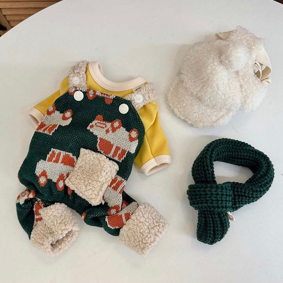 NKpup dark green truck pattern dog suspender overall set with yellow shirt, hat, and scarf