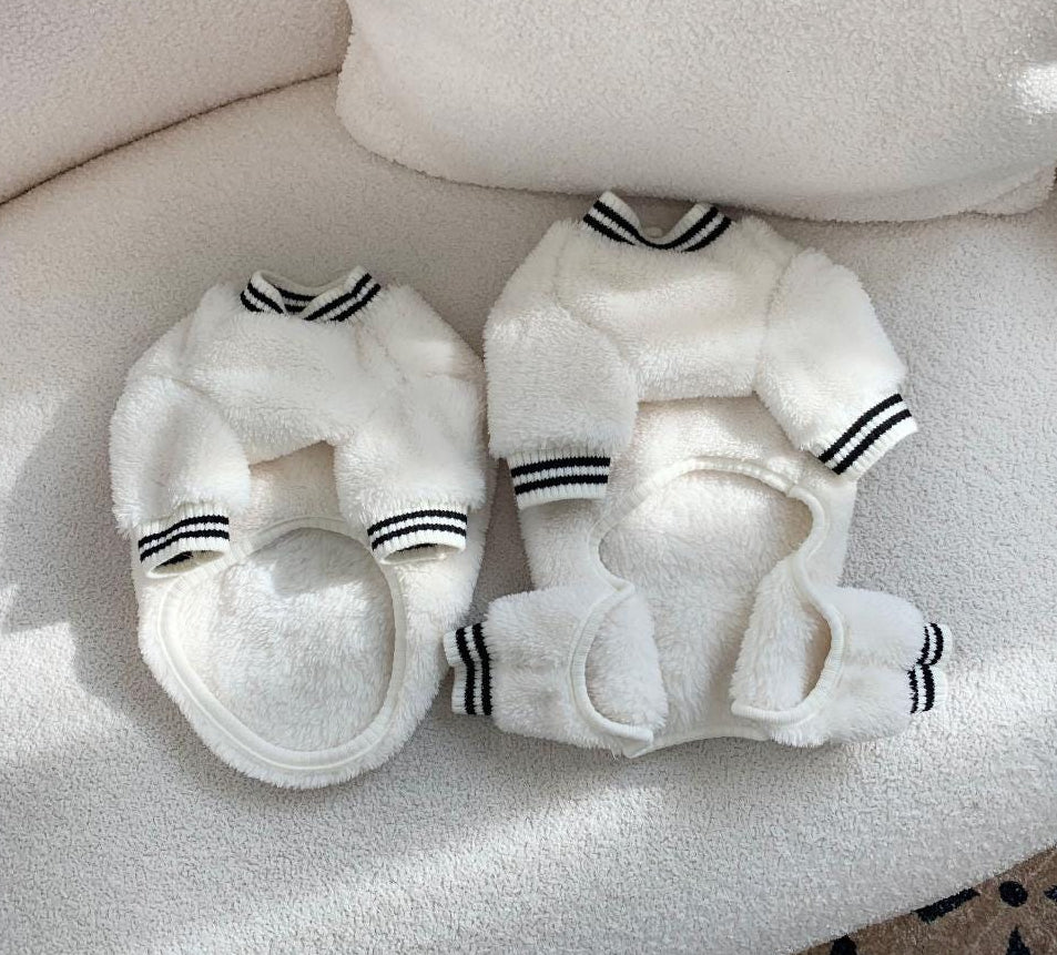 NKpup white teddy bear fleece dog sweatshirt and overall set with black striped trim
