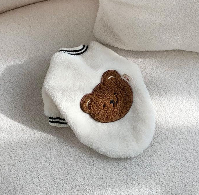 White NKpup teddy bear fleece dog sweatshirt and overall with brown bear patch