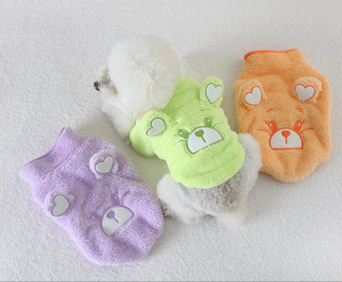 NKpup Neo Heart Fleece Zip-Up Dog Sweaters in lime green, purple, and orange with bear face designs