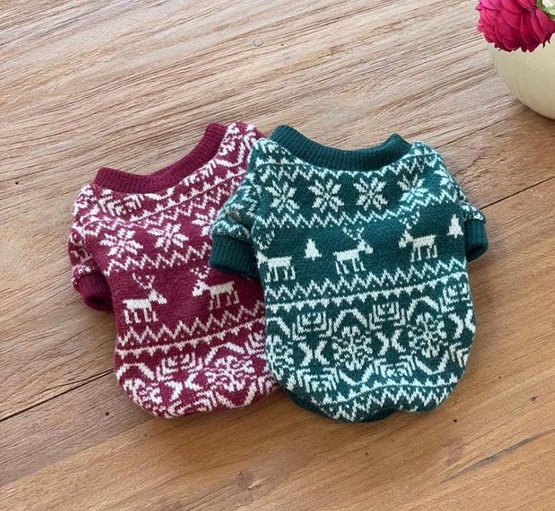 NKpup Reindeer Snowflake Knit Dog Sweaters in burgundy and dark green.