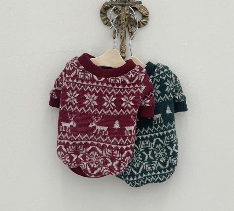 NKpup reindeer and snowflake knit dog sweaters in burgundy and dark green