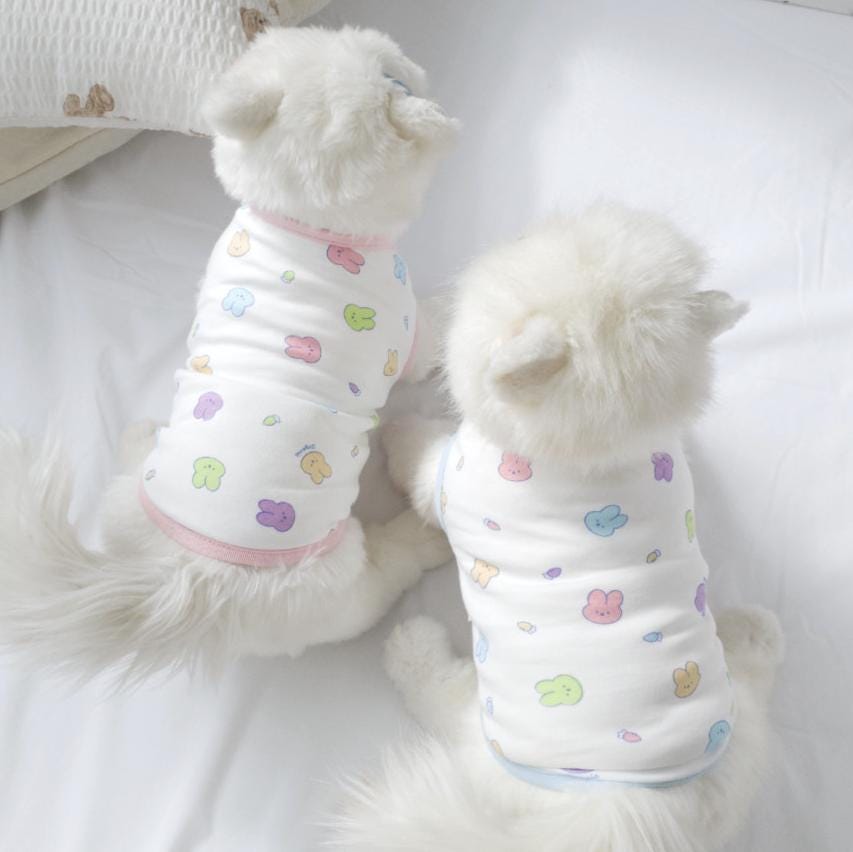 NKpup GOTS organic bunny pattern dog shirts in white with pastel colorful bunny prints