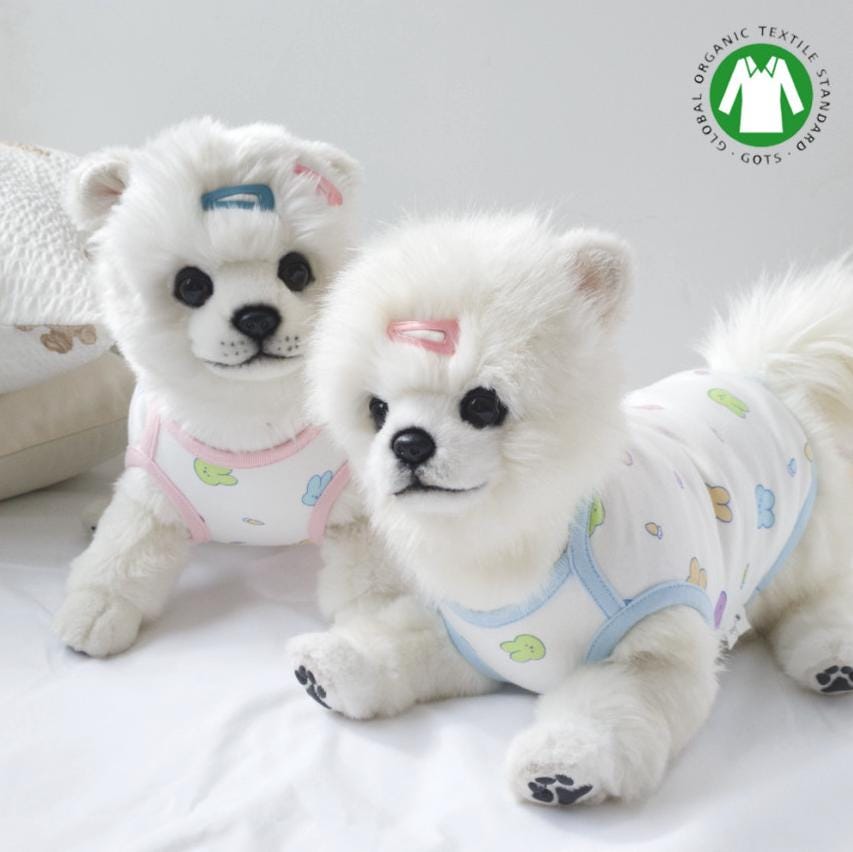GOTS organic bunny pattern dog shirts in white with light blue and pink trim.
