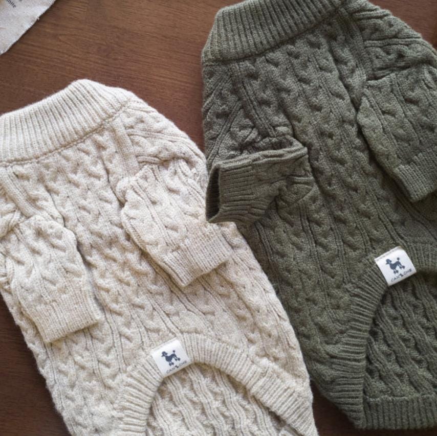 NKpup classic cable knit dog sweaters in cream and olive green.