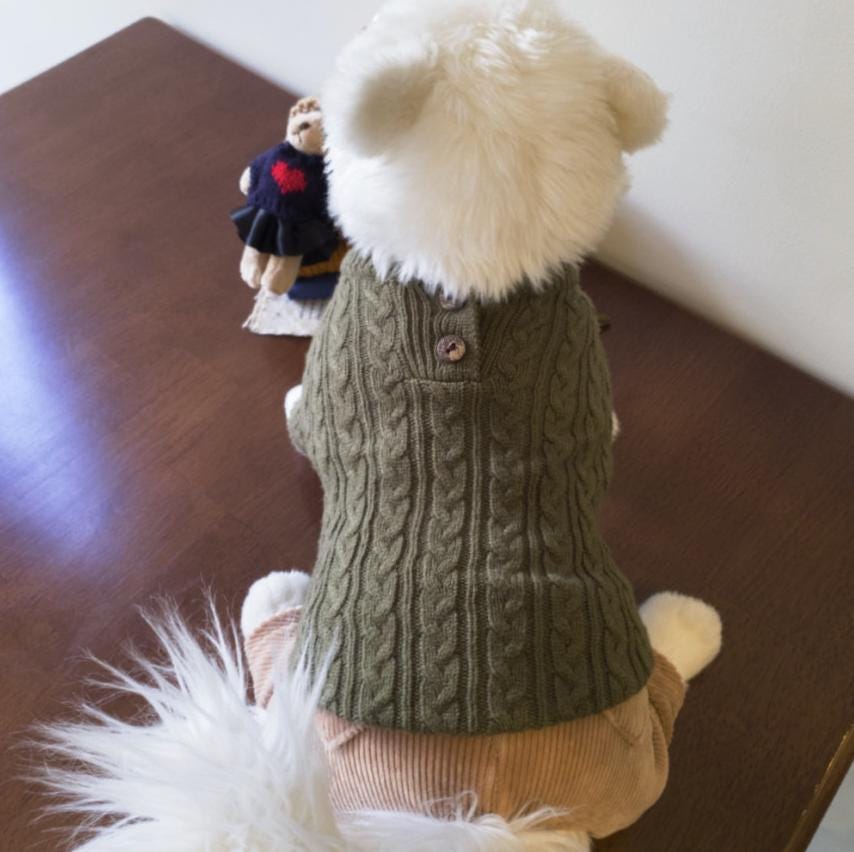 NKpup olive green classic cable knit dog sweater with a single button detail on the back.