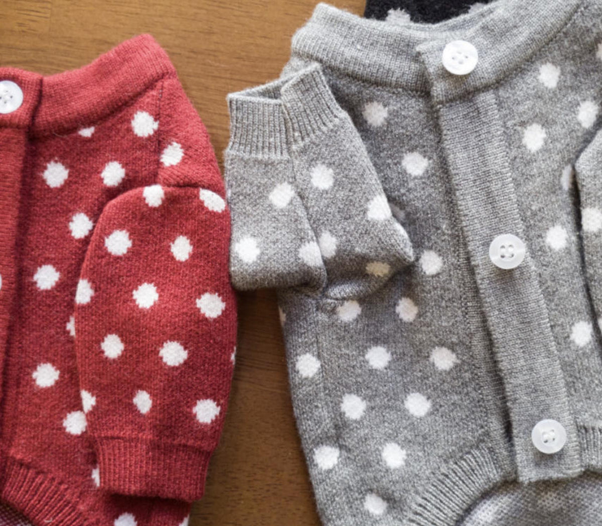 NKpup polka dot knit dog cardigan in red and grey