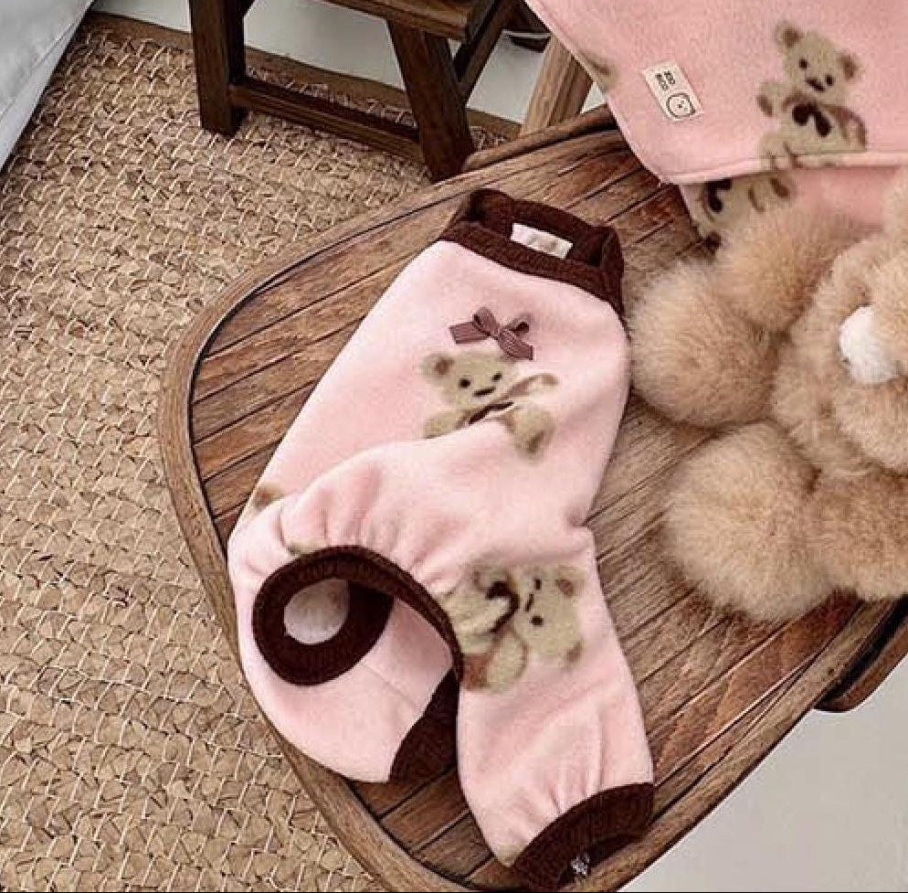 NKpup pink fluffy teddy bear print dog overall with brown trim
