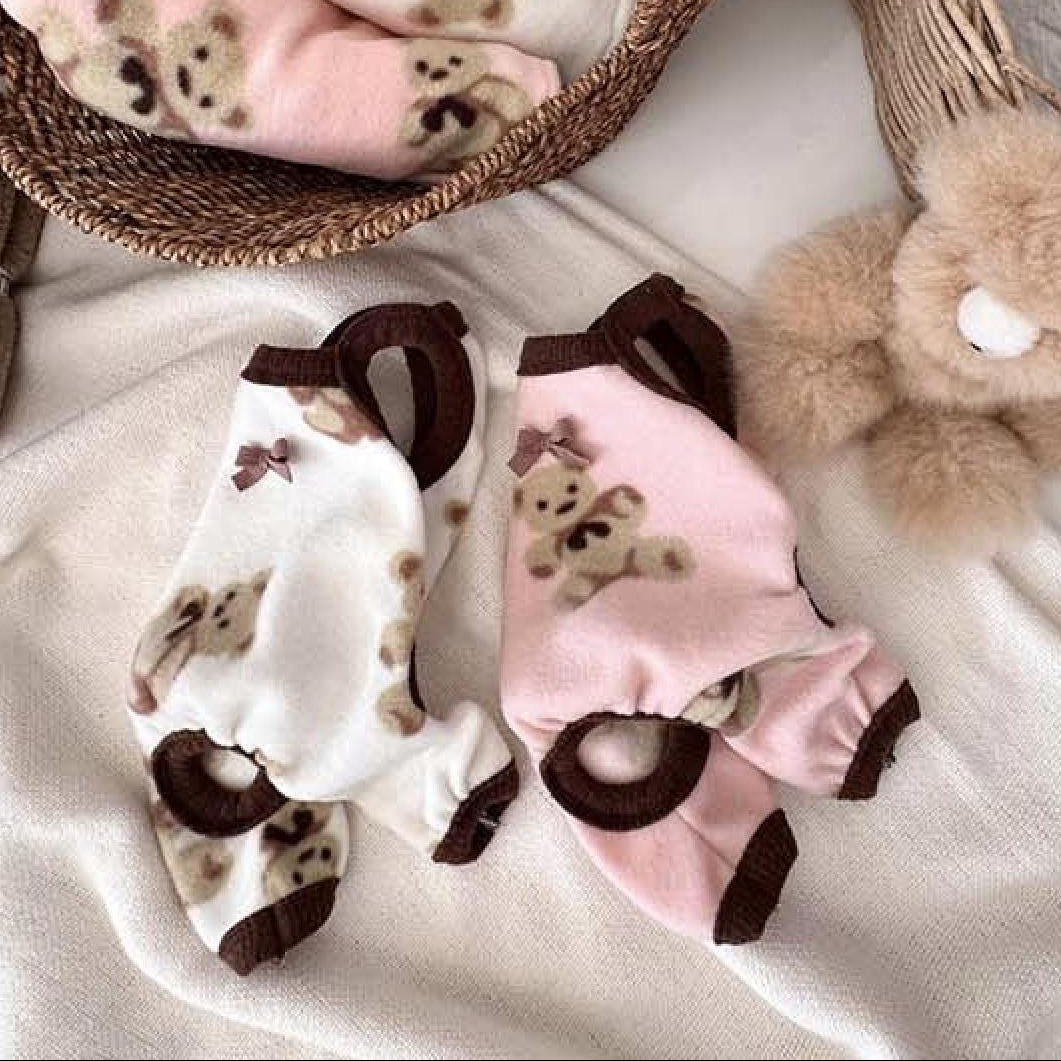 NKpup Teddy Fluffy Dog Overall in white and pink with teddy bear prints and brown trim